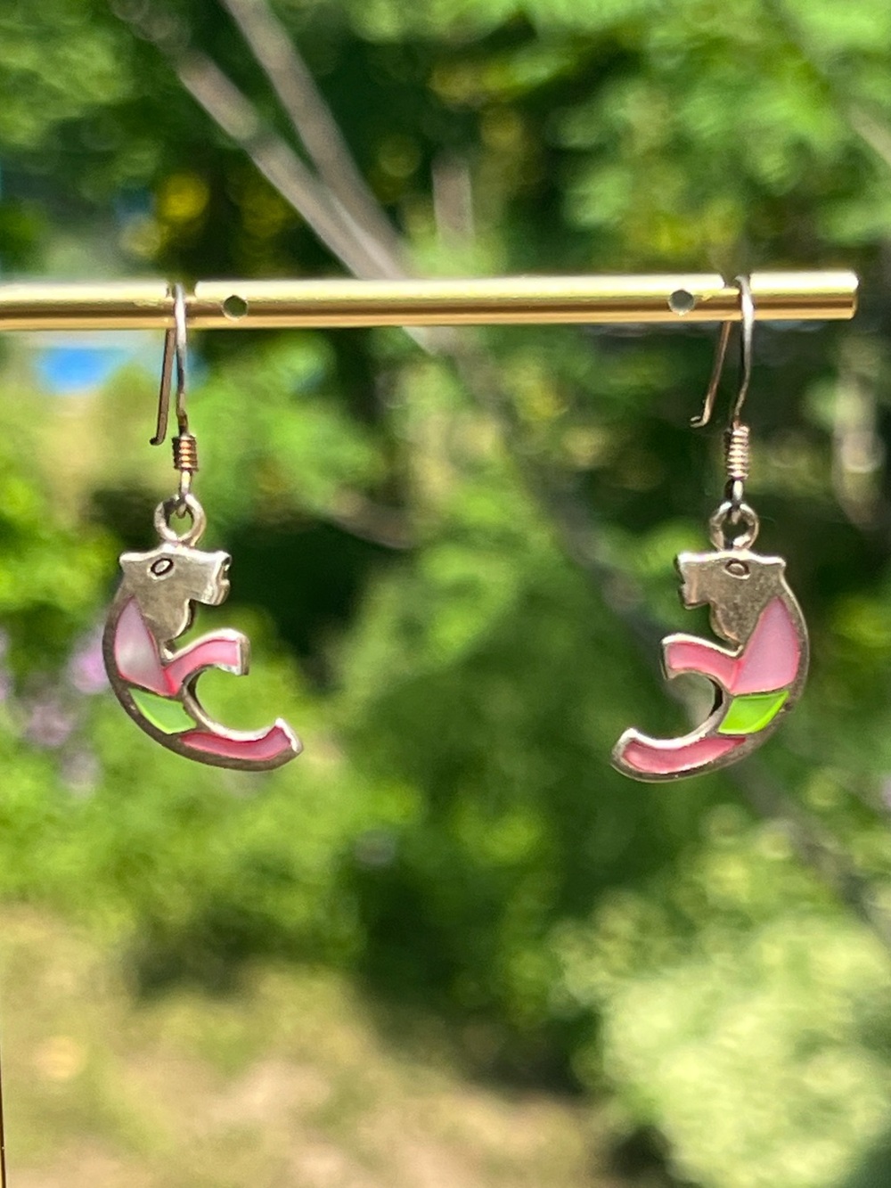 Silver Animal Pink and Green Dangle Earrings